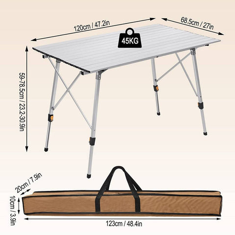Rootz Aluminum Camping Table - Portable Folding Table - Adjustable Outdoor Table - Sturdy, Weather-Resistant, Lightweight - 68.5cm x 59-78.5cm x 120cm