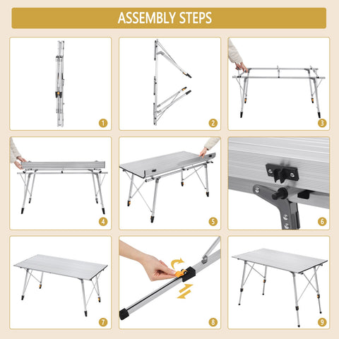 Rootz Aluminum Camping Table - Portable Folding Table - Adjustable Outdoor Table - Sturdy, Weather-Resistant, Lightweight - 68.5cm x 59-78.5cm x 120cm