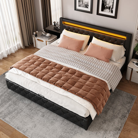 Rootz Upholstered Bed Frame - Slatted Bed - Storage Bed - LED Lighting - 160 x 200 cm - Easy Assembly