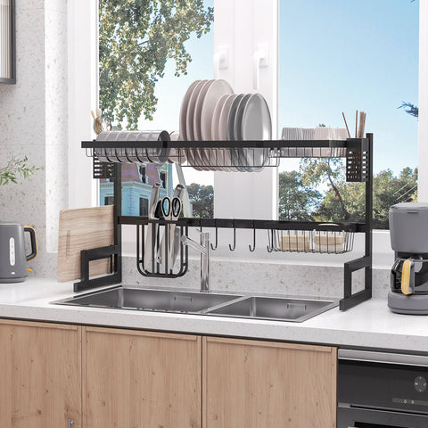 Rootz 2 Level Black Dish Drainer - Drying Rack - Dish Organizer - Modular Design - 93cm x 30cm x 52.5cm Steel