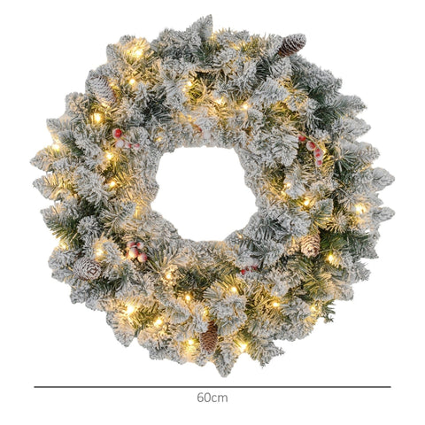 Rootz Christmas Wreath - Artificial Pine Wreath - LED Lights - Snowy Tips - 210 Tips - 50 Warm White Lights - Ø60cm x 10cm
