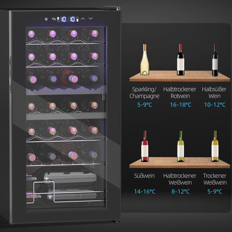 Rootz Small Wine Fridge - Mini Fridge - Bottle Cooler - Dual-Zone - LED Lighting - 43cm x 45cm x 84cm - 74L Capacity for 28 Bottles
