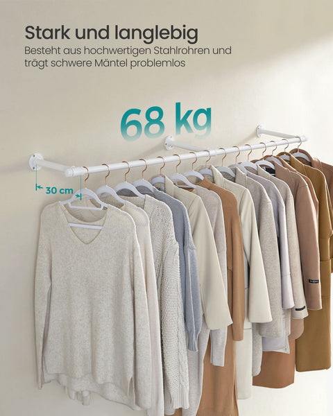 Rootz Wall Mounted Clothes Rail - Wardrobe Rail - Hanging Bar - Steel Construction - 30.4cm x 170cm x 7cm - White