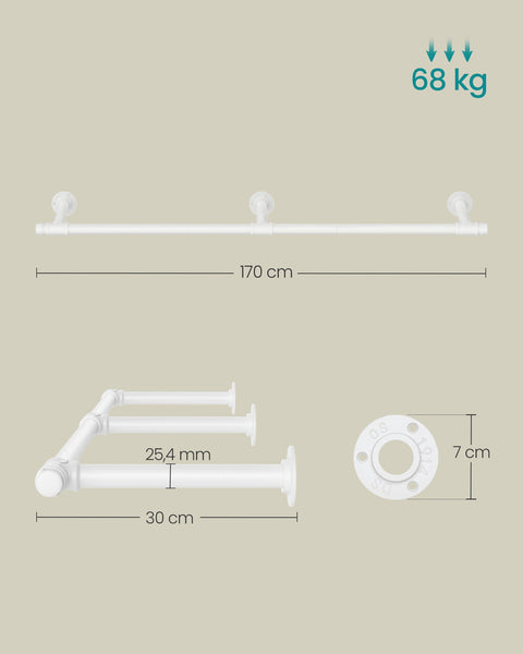 Rootz Wall Mounted Clothes Rail - Wardrobe Rail - Hanging Bar - Steel Construction - 30.4cm x 170cm x 7cm - White