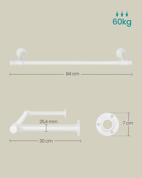 Rootz Wall Mounted Clothes Rail - Wardrobe Bar - Garment Holder - 60kg Load Capacity - 30 x 84 x 7 cm - White Steel