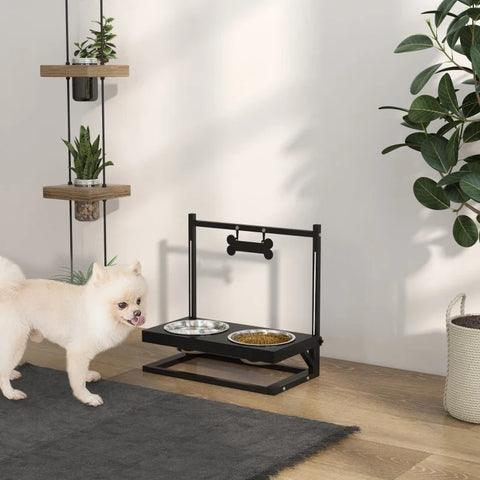 Rootz Feeding Station - Raised Feeding Bowls - Stainless Steel - Feeding Bowls - Steel Pipes - Black + Silver - 40.5 x 22 x 39 cm
