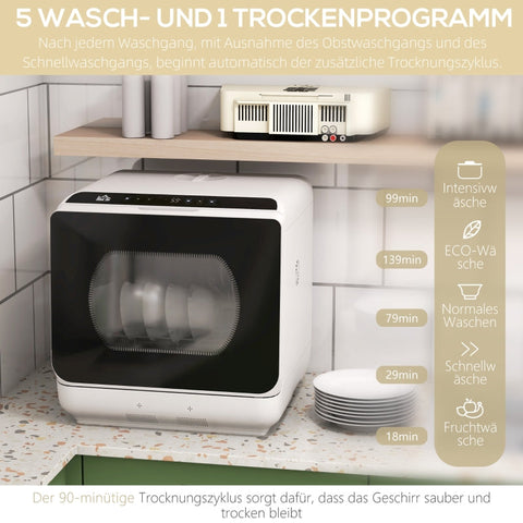 Rootz Small Dishwasher - Compact Kitchen Helper - Table Dishwasher - 6 Programs - Sparkling Clean Dishes - 45W x 44D x 45.8H cm