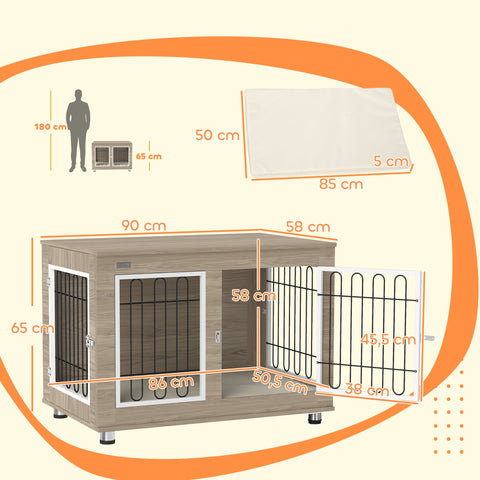 Rootz Indoor Dog Cage Side Table - Dog Kennel - Pet Crate - Double Door & Cushion - 90cm x 58cm x 65cm