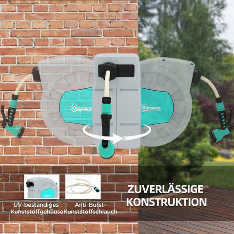 Rootz Garden Hose Holder - Wall Hose Reel - Water Hose Drum - 7 Spray Patterns - 180° Rotatable - 55cm x 20cm x 42cm