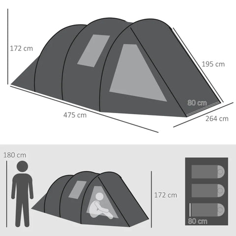 Rootz Camping Tent - Weatherproof - Trekking Tent - 2 Rooms - Portable Travel Bag - UV 30+ Sun Protection - Taffeta 100% Polyester-fiberglass - Black - 475L x 264W x 172H cm