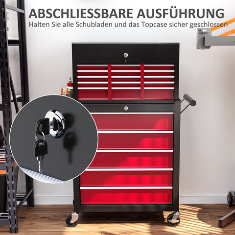 Rootz Tool Trolley - Workshop Trolley - Mobile Tool Chest - Lockable Drawers - Red Steel - 14 Drawers - 60x26x34cm & 76x33x75cm