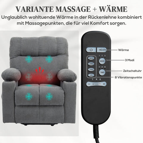Rootz Electric Riser Recliner Chair - Stand-Up TV Recliner - Massage Points - Footrest - Cup Holders - Gray - 91cm x 95cm x 109cm