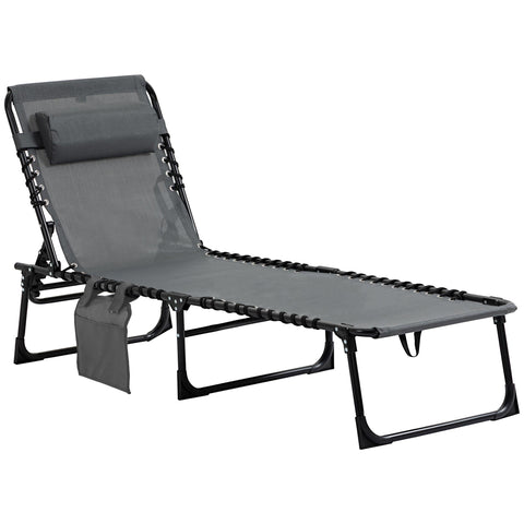 Rootz Deck Chair - Folding Lounger - Outdoor Recliner - With Neck Pillow - 185cm x 58cm x 30cm - Supports 120kg - Steel Frame, Mesh Cover, Grey
