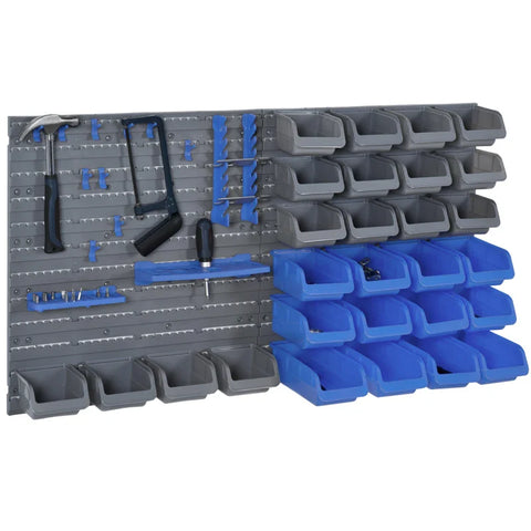 Rootz Tool Rack Organizer - Wall Mounted - Storage Bins - Panel Set with Shelf - Stacking Containers - Hook Screws - Blue - 54 x 22 x 95 cm