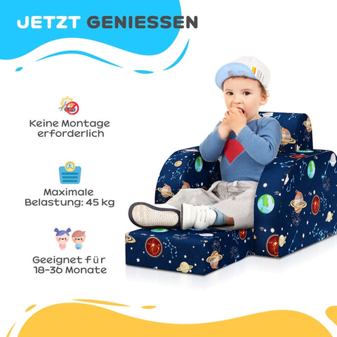 Rootz Kids Foldable Armchair - Children's Sofa - Cozy Bed - Multifunctional - Planet Pattern - Easy to Clean - Blue - Foam/Polyester - 46.5cm x 93cm x 28.5cm