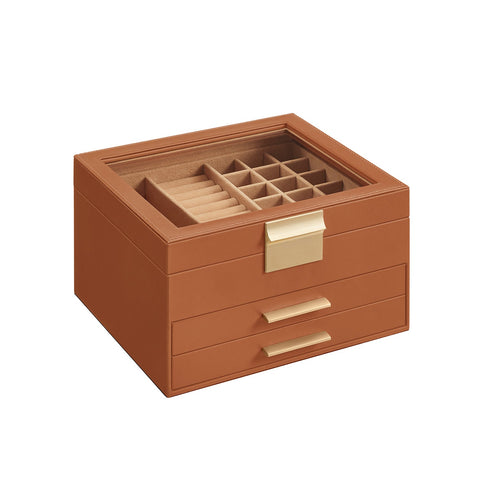 Rootz Jewelry Box - Organizer - Storage Case - Elegant Design - 20.3cm x 23.1cm x 13.5cm - MDF, PU, Velvet, Glass - Caramel Brown-Golden