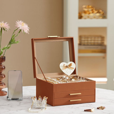 Rootz Jewelry Box - Organizer - Storage Case - Elegant Design - 20.3cm x 23.1cm x 13.5cm - MDF, PU, Velvet, Glass - Caramel Brown-Golden