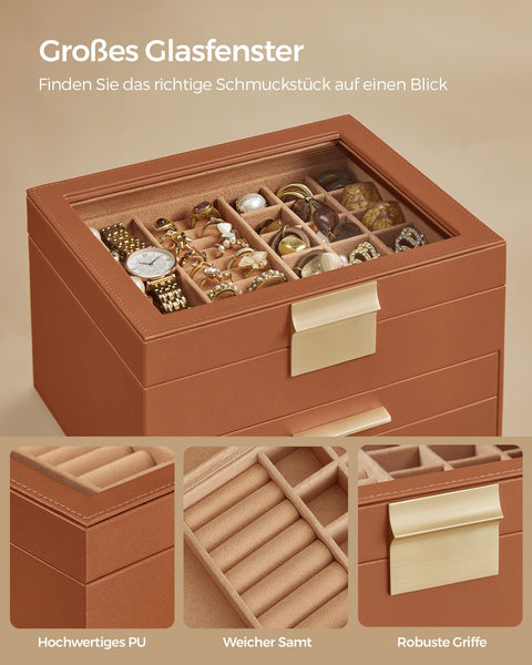 Rootz Jewelry Box - Organizer - Storage Case - Elegant Design - 20.3cm x 23.1cm x 13.5cm - MDF, PU, Velvet, Glass - Caramel Brown-Golden
