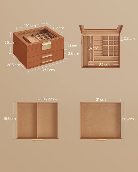 Rootz Jewelry Box - Organizer - Storage Case - Elegant Design - 20.3cm x 23.1cm x 13.5cm - MDF, PU, Velvet, Glass - Caramel Brown-Golden