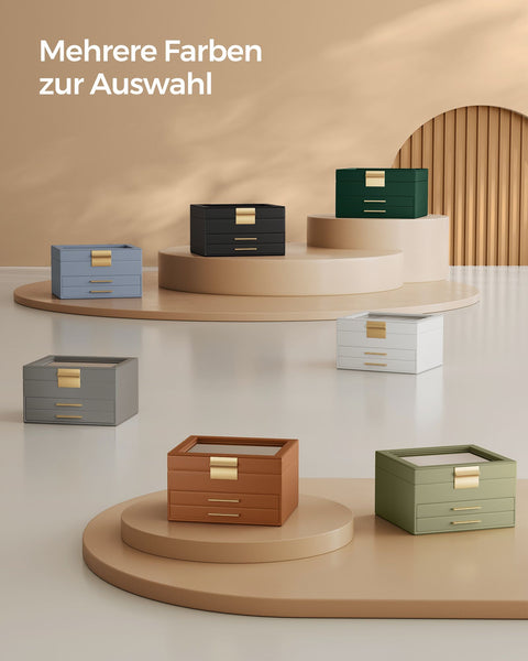 Rootz Jewelry Box - Organizer - Storage Case - Elegant Design - 20.3cm x 23.1cm x 13.5cm - MDF, PU, Velvet, Glass - Caramel Brown-Golden