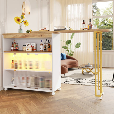 Rootz Extendable Bar Table - Modern Bar Table - Movable Bar Table - Storage Space - LED Lighting - 138-204x39x105cm
