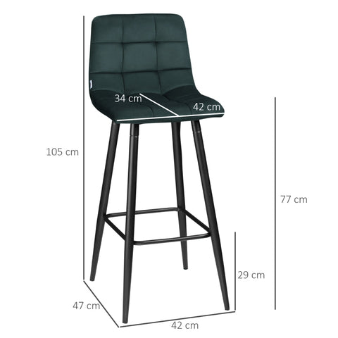 Rootz Bar Stools Set of 2 - Kitchen Stools - Velvet Fabric - Ergonomic Design - Robust Steel Frame - Green - 42cm x 47cm x 105cm