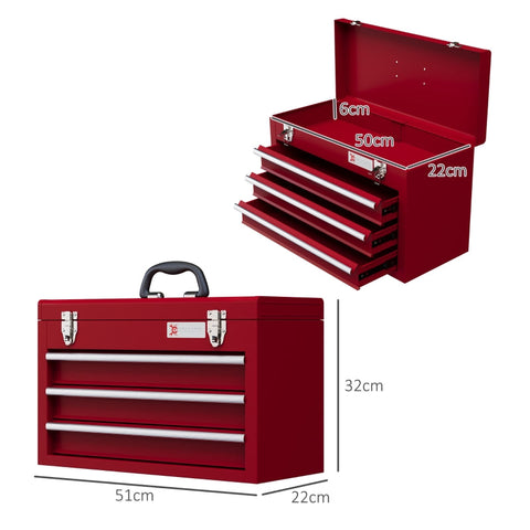 Rootz Tool Box - Steel Tool Case - Portable Tool Organizer - 3 Drawers - Top Storage Compartment - Secure Lock - 51cm x 22cm x 32cm