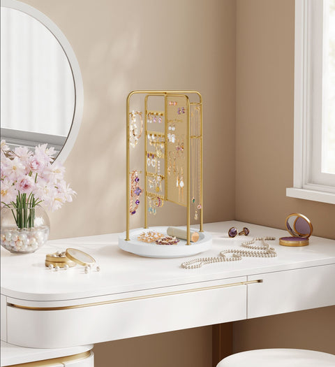 Rootz Gold Jewelry Stand - Earring Holder - Necklace Organizer - Metal and MDF Construction - Lightweight - Compact Design - 20cm x 20cm x 33.4cm