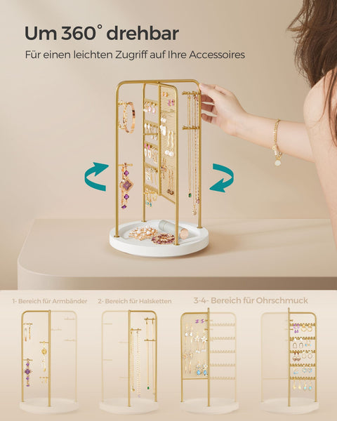 Rootz Gold Jewelry Stand - Earring Holder - Necklace Organizer - Metal and MDF Construction - Lightweight - Compact Design - 20cm x 20cm x 33.4cm