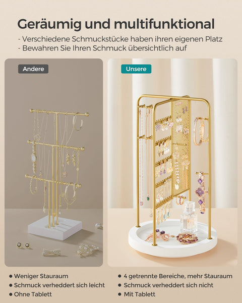 Rootz Gold Jewelry Stand - Earring Holder - Necklace Organizer - Metal and MDF Construction - Lightweight - Compact Design - 20cm x 20cm x 33.4cm