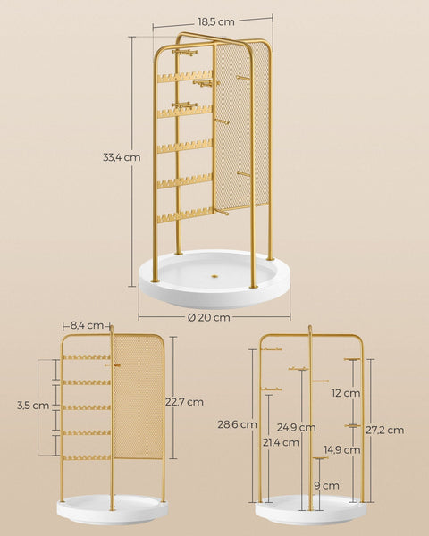 Rootz Gold Jewelry Stand - Earring Holder - Necklace Organizer - Metal and MDF Construction - Lightweight - Compact Design - 20cm x 20cm x 33.4cm