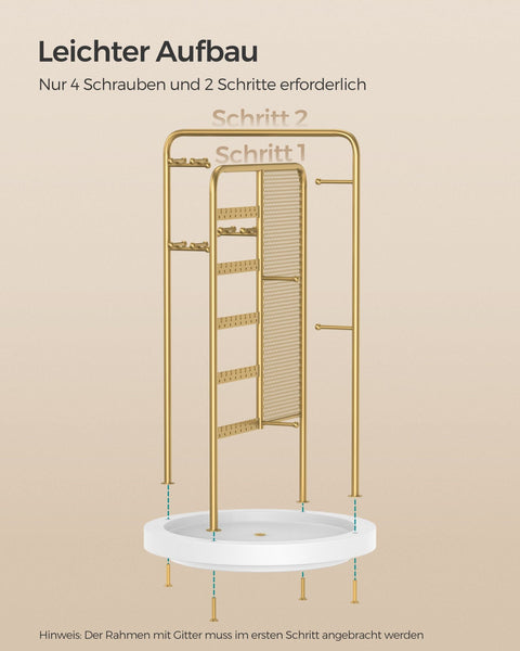 Rootz Gold Jewelry Stand - Earring Holder - Necklace Organizer - Metal and MDF Construction - Lightweight - Compact Design - 20cm x 20cm x 33.4cm