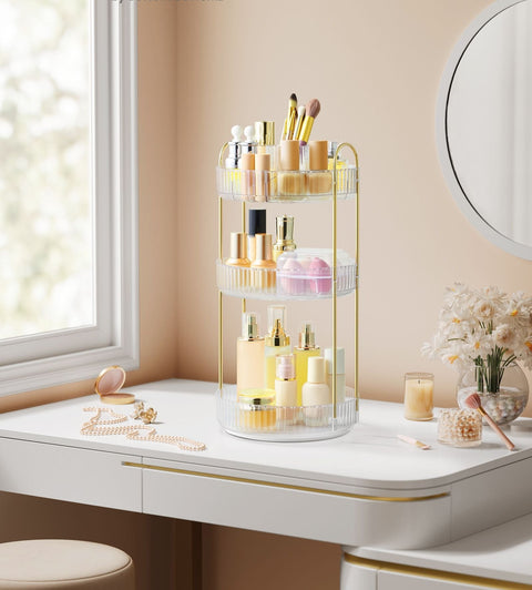 Rootz Make-up Organizer - Cosmetic Storage - Gift - Transparent Design - Metal & PET Plastic - 23cm x 23cm x 46cm - 3 Tiers