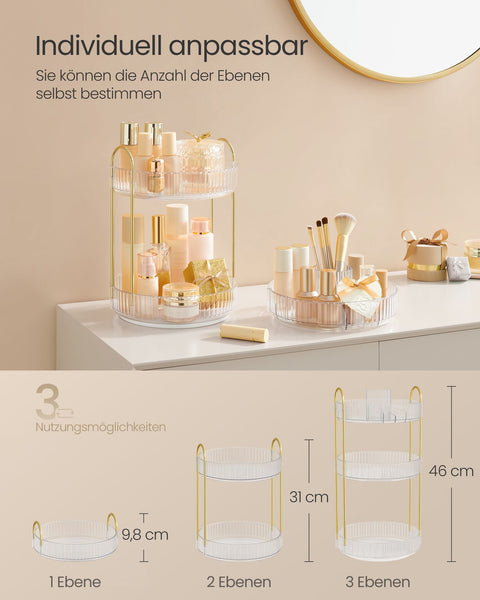 Rootz Make-up Organizer - Cosmetic Storage - Gift - Transparent Design - Metal & PET Plastic - 23cm x 23cm x 46cm - 3 Tiers