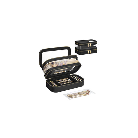 Rootz Makeup Bag with Jewelry Box - Cosmetic Case - Organizer - PU, PVC, Velvet - Compact Size - 22cm x 12cm x 12cm