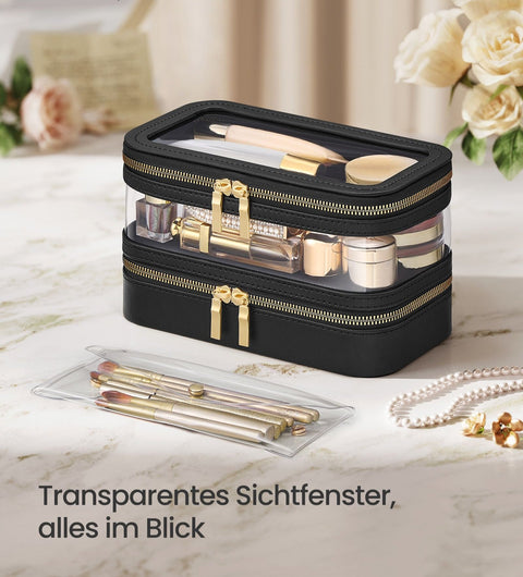 Rootz Makeup Bag with Jewelry Box - Cosmetic Case - Organizer - PU, PVC, Velvet - Compact Size - 22cm x 12cm x 12cm