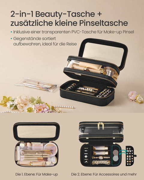 Rootz Makeup Bag with Jewelry Box - Cosmetic Case - Organizer - PU, PVC, Velvet - Compact Size - 22cm x 12cm x 12cm