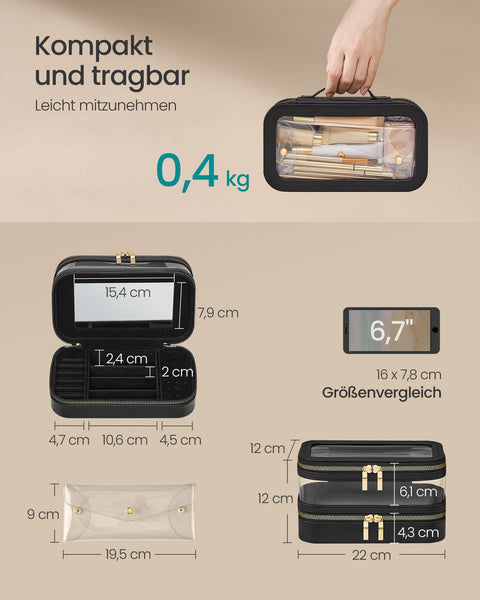 Rootz Makeup Bag with Jewelry Box - Cosmetic Case - Organizer - PU, PVC, Velvet - Compact Size - 22cm x 12cm x 12cm