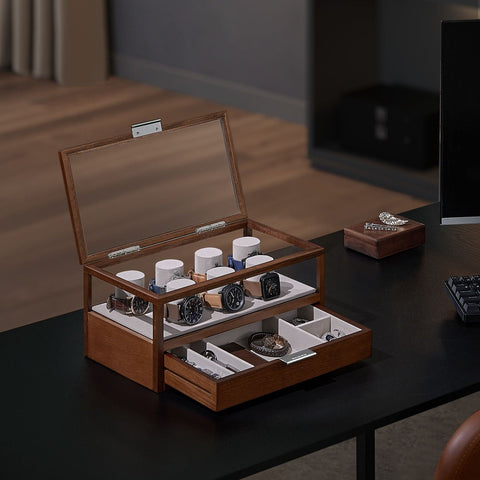 Rootz Coffee Brown Watch Box - Jewelry Organizer - Storage Case - Solid Wood - Acrylic - MDF - Large Capacity - Elegant Design - Protects Watches - 18cm x 35.2cm x 16cm