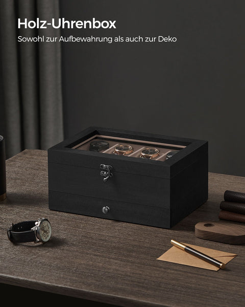 Rootz Watch Box - 8 Compartment Organizer - Storage Case - Solid Wood - Protects Watches - 19cm x 27cm x 12.5cm