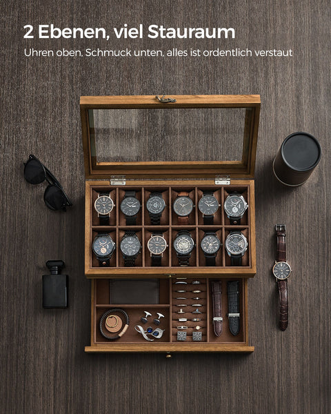 Rootz Watch Box - Organizer - Storage Case - Solid Walnut Wood - 30cm x 20cm x 8cm