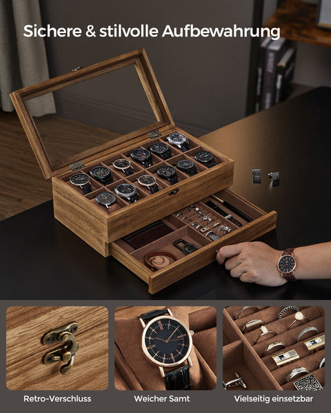 Rootz Watch Box - Organizer - Storage Case - Solid Walnut Wood - 30cm x 20cm x 8cm