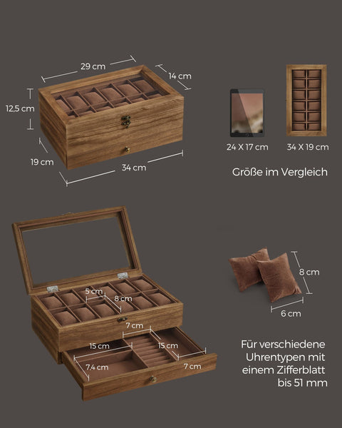 Rootz Watch Box - Organizer - Storage Case - Solid Walnut Wood - 30cm x 20cm x 8cm
