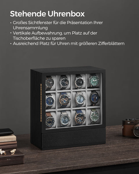 Rootz Watch Box - Jewelry Organizer - Timepiece Storage - 12 Compartments - Black - 15cm x 29.5cm x 32.5cm