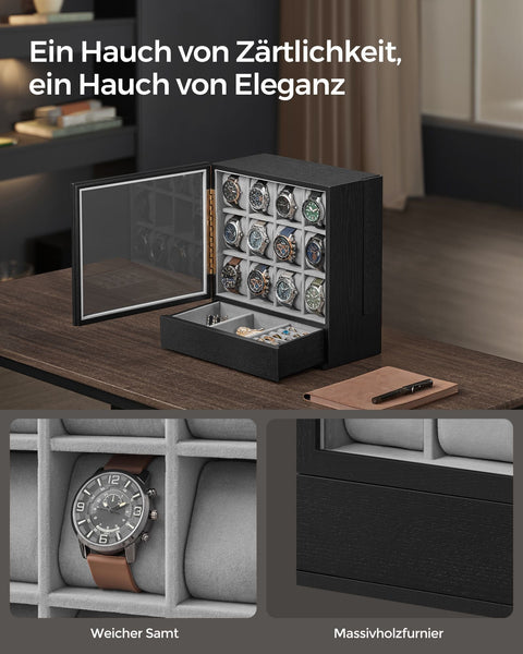 Rootz Watch Box - Jewelry Organizer - Timepiece Storage - 12 Compartments - Black - 15cm x 29.5cm x 32.5cm