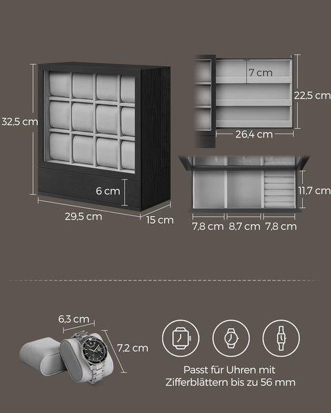 Rootz Watch Box - Jewelry Organizer - Timepiece Storage - 12 Compartments - Black - 15cm x 29.5cm x 32.5cm