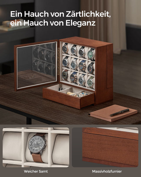 Rootz Watch Box - Storage Organizer - Timepiece Holder - Velvet Interior - 12 Compartments - 15x29.5x32.5cm -  Brown