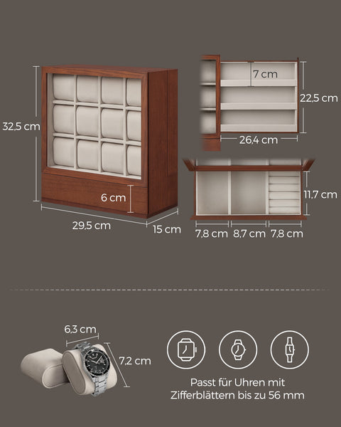 Rootz Watch Box - Storage Organizer - Timepiece Holder - Velvet Interior - 12 Compartments - 15x29.5x32.5cm -  Brown