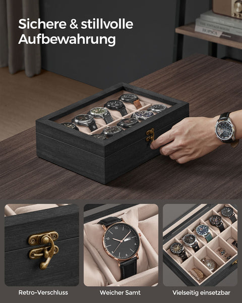Rootz Ebony Black Watch Box - Organizer Case - Storage Container - Elegant Display - 20.5cm x 29cm x 8.5cm