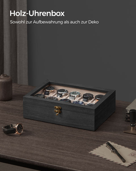Rootz Ebony Black Watch Box - Organizer Case - Storage Container - Elegant Display - 20.5cm x 29cm x 8.5cm